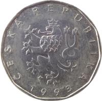 obverse of 2 Koruny (1993 - 2017) coin with KM# 9 from Czech Republic. Inscription: ČESKÁ REPUBLIKA 1993