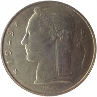 Belgium coin 5 Francs - Baudouin I - French text (1948 - 1981) obverse obverse of 5 Francs - Baudouin I - French text (1948 - 1981) coin with KM# 134 from Belgium. Inscription: * 1949 * RAU
