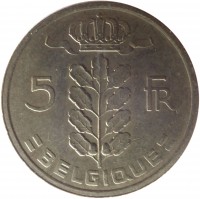 Belgium coin 5 Francs - Baudouin I - French text (1948 - 1981) reverse reverse of 5 Francs - Baudouin I - French text (1948 - 1981) coin with KM# 134 from Belgium. Inscription: 5 FR = BELGIQUE =