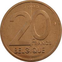 reverse of 20 Francs - Albert II - French text (1994 - 2001) coin with KM# 191 from Belgium. Inscription: 20 FRANCS BELGIQUE 1996
