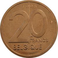 Belgium coin 20 Francs - Albert II - French text (1994 - 2001) reverse reverse of 20 Francs - Albert II - French text (1994 - 2001) coin with KM# 191 from Belgium. Inscription: 20 FRANCS BELGIQUE 1996
