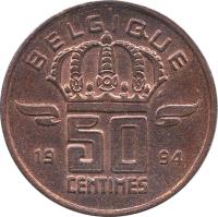 reverse of 50 Centimes - Baudouin I - French text; Smaller head (1955 - 2001) coin with KM# 148 from Belgium. Inscription: BELGIQUE 1991 50 CENTIMES
