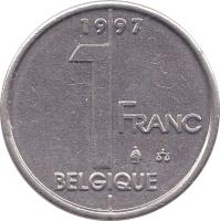 Belgium coin 1 Franc - Albert II - French text (1994 - 2001) reverse reverse of 1 Franc - Albert II - French text (1994 - 2001) coin with KM# 187 from Belgium. Inscription: 1 FRANC BELGIQUE 1996