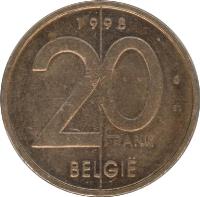 reverse of 20 Francs - Albert II - Dutch text (1994 - 2001) coin with KM# 192 from Belgium. Inscription: 20 FRANK BELGIË 1996