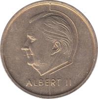 obverse of 5 Francs - Albert II - Dutch text (1994 - 2001) coin with KM# 190 from Belgium. Inscription: ALBERT II