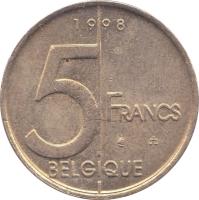 reverse of 5 Francs - Albert II - French text (1994 - 2001) coin with KM# 189 from Belgium. Inscription: 5 FRANCS BELGIQUE 1996