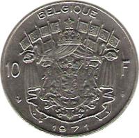 reverse of 10 Francs - Baudouin I - French text (1969 - 1979) coin with KM# 155 from Belgium. Inscription: BELGIQUE 10 F J.DEBAST. 1979