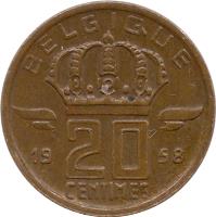 reverse of 20 Centimes - Baudouin I - French text (1953 - 1963) coin with KM# 146 from Belgium. Inscription: BELGIQUE 1953 20 CENTIMES