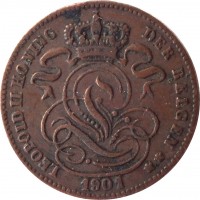 obverse of 1 Centime - Leopold II - Dutch text (1882 - 1907) coin with KM# 34 from Belgium. Inscription: LEOPOLD II KONING DER BELGEN 1901