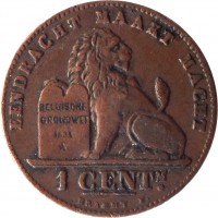 reverse of 1 Centime - Leopold II - Dutch text (1882 - 1907) coin with KM# 34 from Belgium. Inscription: EENDRACHT MAAKT MACHT BELGISCHE GRONDWET 1831 * 1 CENTM. BRAEMT F.