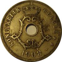obverse of 25 Centimes - Leopold II - Dutch text (1908) coin with KM# 63 from Belgium. Inscription: KONINKRIJK BELGIË * · 1908 ·