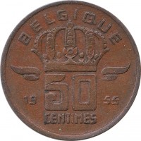 reverse of 50 Centimes - Baudouin I - French text; Larger head (1952 - 1955) coin with KM# 144 from Belgium. Inscription: BELGIQUE 19 55 50 CENTIMES