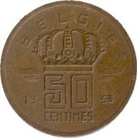 reverse of 50 Centimes - Baudouin I - Dutch text; Larger head (1952 - 1954) coin with KM# 145 from Belgium. Inscription: 50 CENTIMES BELGIE 1954