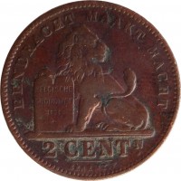 reverse of 2 Centimes - Leopold II - Dutch text (1902 - 1909) coin with KM# 36 from Belgium. Inscription: EENDRACHT MAAKT MACHT BELGISCHE GRONDWET 1831 * 2 CENTN. BRAEMT F.