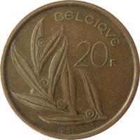 reverse of 20 Francs - Baudouin I - French text (1980 - 1993) coin with KM# 159 from Belgium. Inscription: BELGIQVE 20F 1991