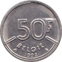 Belgium coin 50 Francs - Baudouin I - Dutch text (1987 - 1993) reverse reverse of 50 Francs - Baudouin I - Dutch text (1987 - 1993) coin with KM# 169 from Belgium. Inscription: 50F BELGIË 1991