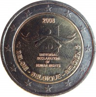 Belgium coin 2 Euro - Albert II - Human Rights (2008) obverse obverse of 2 Euro - Albert II - Human Rights (2008) coin with KM# 248 from Belgium. Inscription: 2008 60 UNIVERSAL DECLARATION OF HUMAN RIGHTS BELGIE-BELGIQUE-BELGIEN