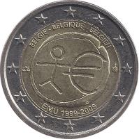 obverse of 2 Euro - Albert II - 10 Years of EMU (2009) coin with KM# 282 from Belgium. Inscription: BELGIE - BELGIQUE - BELGIEN EMU 1999-2009
