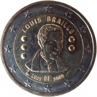 Belgium coin 2 Euro - Albert II - Louis Braille (2009) obverse obverse of 2 Euro - Albert II - Louis Braille (2009) coin with KM# 288 from Belgium. Inscription: LOUIS BRAILLE 1809 BE 2009