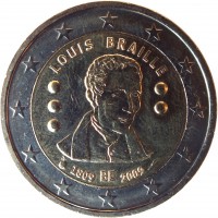 obverse of 2 Euro - Albert II - Louis Braille (2009) coin with KM# 288 from Belgium. Inscription: LOUIS BRAILLE 1809 BE 2009