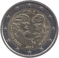 Belgium coin 2 Euro - Albert II - 100th Women's Day (2011) obverse obverse of 2 Euro - Albert II - 100th Women's Day (2011) coin with KM# 308 from Belgium. Inscription: BE I.VAN DIEST 2011 M.POPELIN