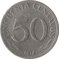 reverse of 50 Centavos (1965 - 1980) coin with KM# 190 from Bolivia. Inscription: CINCUENTA CENTAVOS 50 1974