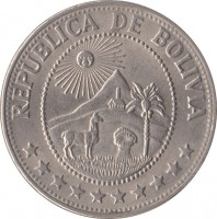 obverse of 1 Peso Boliviano (1968 - 1980) coin with KM# 192 from Bolivia. Inscription: REPUBLICA DE BOLIVIA **********