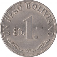 reverse of 1 Peso Boliviano (1968 - 1980) coin with KM# 192 from Bolivia. Inscription: UN PESO BOLIVIANO $b 1.- 1974