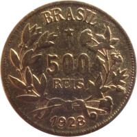 obverse of 500 Réis (1924 - 1930) coin with KM# 524 from Brazil. Inscription: BRASIL 500 RÉIS 1927
