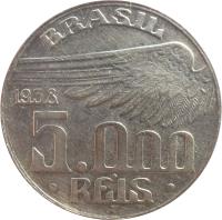 obverse of 5000 Réis (1936 - 1938) coin with KM# 543 from Brazil. Inscription: BRASIL 1936 5.000 · RÉIS · WT