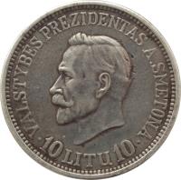 reverse of 10 Litų - 20th anniversary of Republic (1938) coin with KM# 84 from Lithuania. Inscription: VALSTYBĖS PREZIDENTAS A. SMETONA 10 LITŲ 10