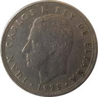 obverse of 25 Pesetas - Juan Carlos I (1975) coin with KM# 808 from Spain. Inscription: JUAN CARLOS I REY DE ESPAÑA · 1975 ·