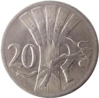 reverse of 20 Haléřů (1921 - 1938) coin with KM# 1 from Czechoslovakia. Inscription: 20 O · ŠPANIEL