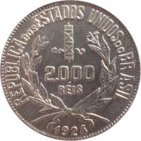 Brazil coin 2000 Réis (1924 - 1934) obverse obverse of 2000 Réis (1924 - 1934) coin with KM# 526 from Brazil. Inscription: REPUBLICA DOS ESTADOS UNIDOS DO BRASIL 2000 RÉIS 1924