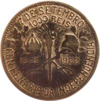 reverse of 1000 Réis - Independence Centennial (1922) coin with KM# 522 from Brazil. Inscription: 7 DE SETEMBRO 1000 RÉIS 1822 1922 1° CENTENARIO DA INDEPENDENCIA