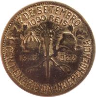 Brazil coin 1000 Réis - Independence Centennial (1922) reverse reverse of 1000 Réis - Independence Centennial (1922) coin with KM# 522 from Brazil. Inscription: 7 DE SETEMBRO 1000 RÉIS 1822 1922 1° CENTENARIO DA INDEPENDENCIA