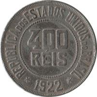 Brazil coin 400 Réis (1918 - 1935) obverse obverse of 400 Réis (1918 - 1935) coin with KM# 520 from Brazil. Inscription: REPUBLICA DOS ESTADOS UNIDOS DO BRASIL 400 RÉIS * 1932 *