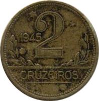 reverse of 2 Cruzeiros (1942 - 1956) coin with KM# 559 from Brazil. Inscription: 1945 2 CRUZEIROS