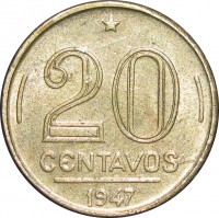 Brazil coin 20 Centavos (1943 - 1948) reverse reverse of 20 Centavos (1943 - 1948) coin with KM# 556a from Brazil. Inscription: 20 CENTAVOS 1947