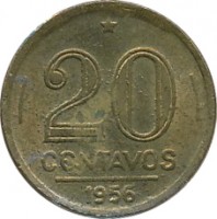 reverse of 20 Centavos (1948 - 1956) coin with KM# 562 from Brazil. Inscription: 20 CENTAVOS 1956