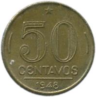 Brazil coin 50 Centavos (1948 - 1956) reverse reverse of 50 Centavos (1948 - 1956) coin with KM# 563 from Brazil. Inscription: 50 CENTAVOS 1956