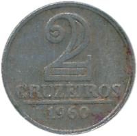 reverse of 2 Cruzeiros (1957 - 1961) coin with KM# 571 from Brazil. Inscription: 2 CRUZEIROS 1957