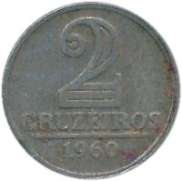 Brazil coin 2 Cruzeiros (1957 - 1961) reverse reverse of 2 Cruzeiros (1957 - 1961) coin with KM# 571 from Brazil. Inscription: 2 CRUZEIROS 1957