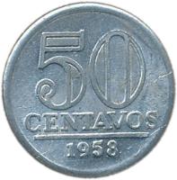 reverse of 50 Centavos (1957 - 1961) coin with KM# 569 from Brazil. Inscription: 50 CENTAVOS 1960