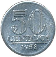 Brazil coin 50 Centavos (1957 - 1961) reverse reverse of 50 Centavos (1957 - 1961) coin with KM# 569 from Brazil. Inscription: 50 CENTAVOS 1960