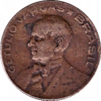 obverse of 10 Centavos (1943 - 1947) coin with KM# 555a from Brazil. Inscription: GETULIO VARGAS * BRASIL