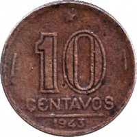 Brazil coin 10 Centavos (1943 - 1947) reverse reverse of 10 Centavos (1943 - 1947) coin with KM# 555a from Brazil. Inscription: * 10 CENTAVOS 1943