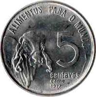 reverse of 5 Centavos - FAO (1975 - 1978) coin with KM# 587 from Brazil. Inscription: ALIMENTOS PARA O MUNDO 5 centavos carne 1975