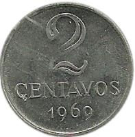 Brazil coin 2 Centavos (1967 - 1975) reverse reverse of 2 Centavos (1967 - 1975) coin with KM# 576 from Brazil. Inscription: 2 CENTAVOS 1967