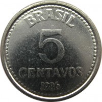 reverse of 5 Centavos (1986 - 1988) coin with KM# 601 from Brazil. Inscription: BRASIL 5 CENTAVOS 1986